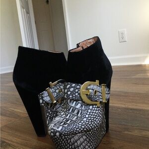 Black Suede and Snakeskin Platform Ankle Boot